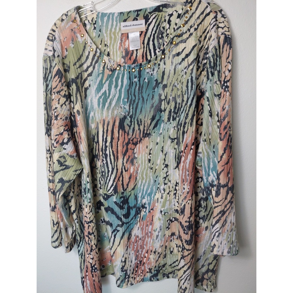 Alfred Dunner Women's 3X Plus Multicolor Animal Print Studded Round Neck Top